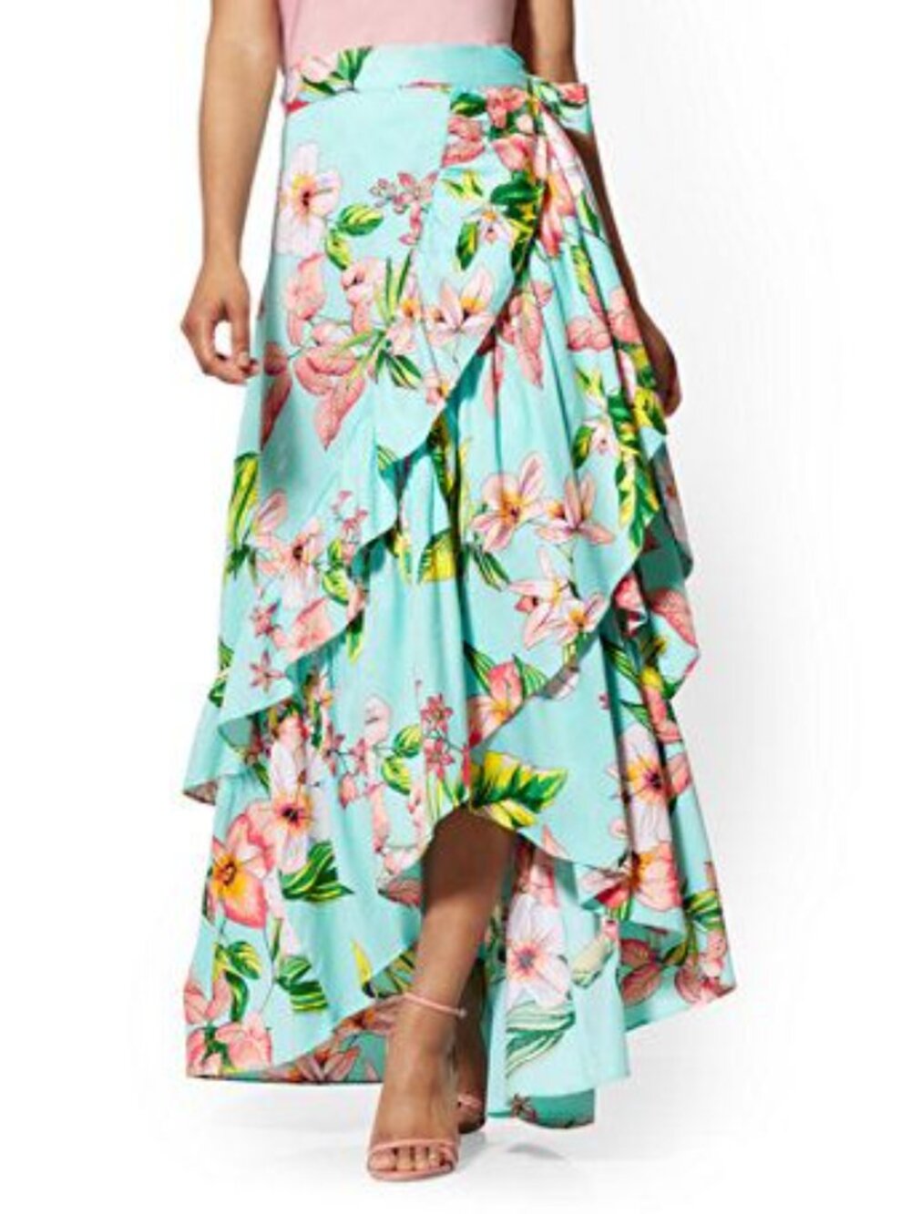 New York & Company Floral Maxi Wrap Skirt High-Low Ruffle Front sz M Turquoise